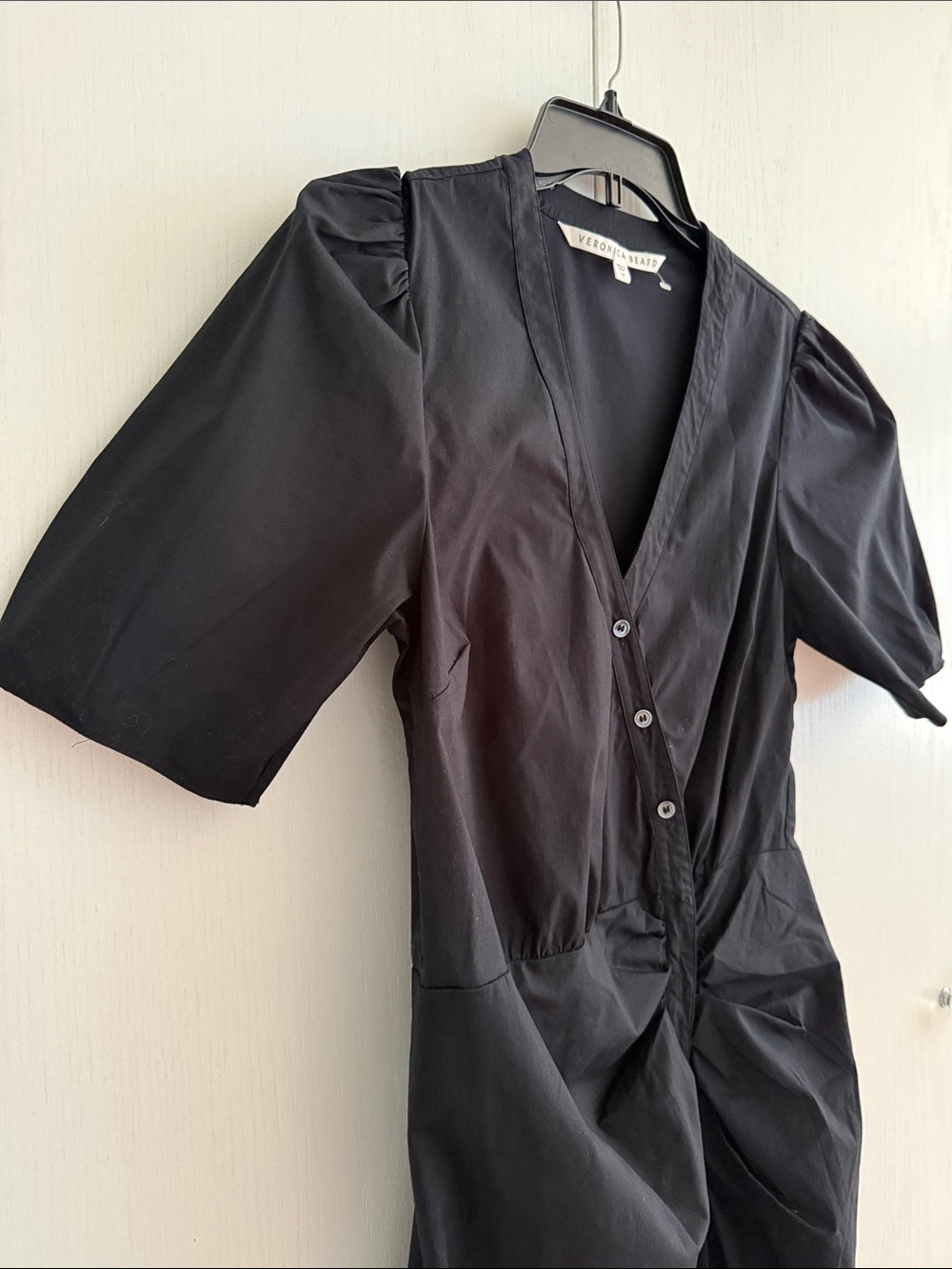 Veronica Beard Atia Cotton Poplin Ruched Stretch Button Front Black Dress Sz 12 - Picture 9 of 15